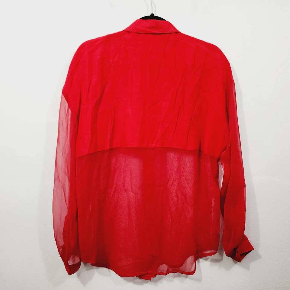 Vintage Capezio Silky Sheer Button-Down Blouse Top in Red Women's Size M Rayon - Image 3 of 4