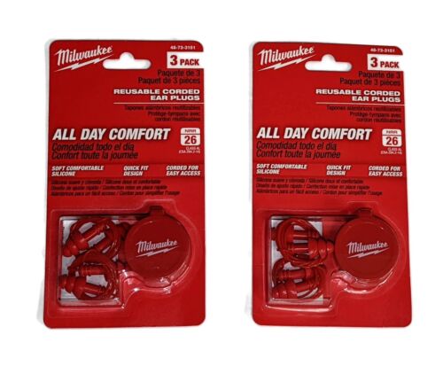 2 Packs of 3 - Milwaukee 48-73-3151 Reusable Corded Ear Plugs - 6 Total - Picture 1 of 3