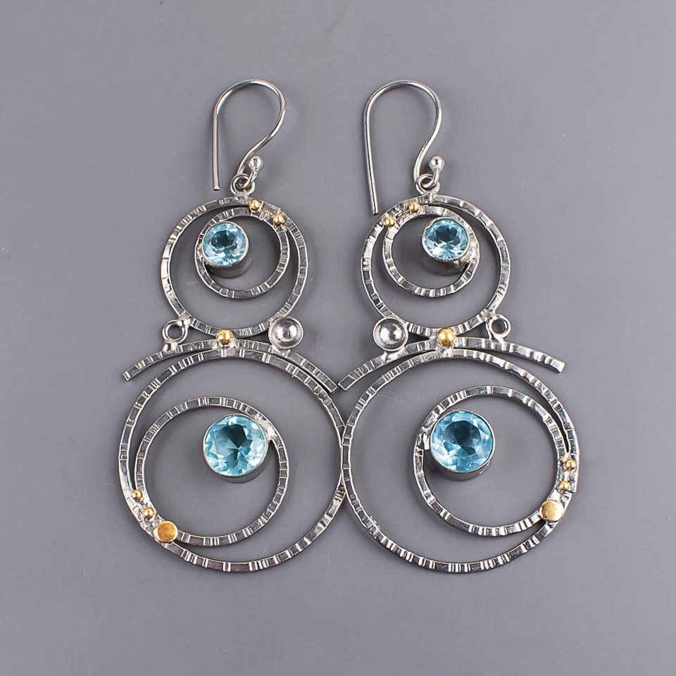 Pendientes colgantes/gotas de piedras preciosas de topacio azul cielo natural joyería de plata de ley 925 Foto 3 de 3