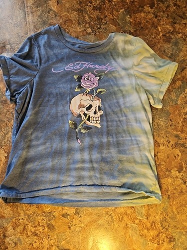Ed Hardy Tie Dye T Shirt Women's XL Multicoloured Skull Graphic Print Tee Y2K