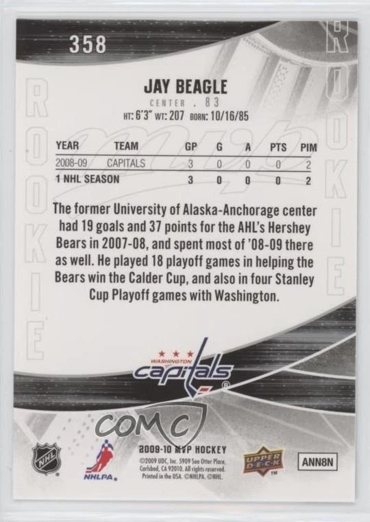 2009-10 Upper Deck MVP Rookie Jay Beagle #358 Rookie RC - Image 2 of 2
