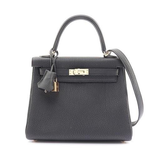 HERMES Kelly 25 Shoulder Handbag Black Togo Leather W Stamp GHW H044624CP