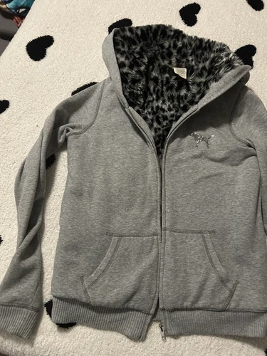 UNDERCOVER VINTAGE Y2K Victoria's Secret ROSA felpa con cappuccio zip intera foderata pelliccia giacca paillettes XS