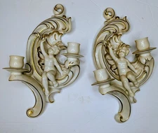 2 Bavaria Porcelain Cherub Wall Candle Sconces Gold Gilt 11" Rococo Baroque