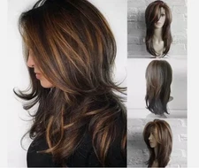 NEW Women Dark Brown w/Gold Highlight Ombre Shoulder Length Curly Hair Wig****#