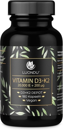 Luondu Vitamin D3 20.000 I.E + Vitamin K2 MK7 200 mcg Depot (Hochdosiert & Vegan