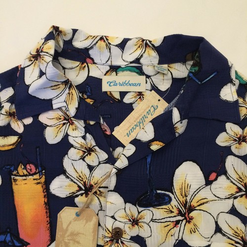 Roundtree Yorke Caribbean Rayon Camp Shirt Blue Hawaiian Floral M LT Large Tall - Picture 3 of 8