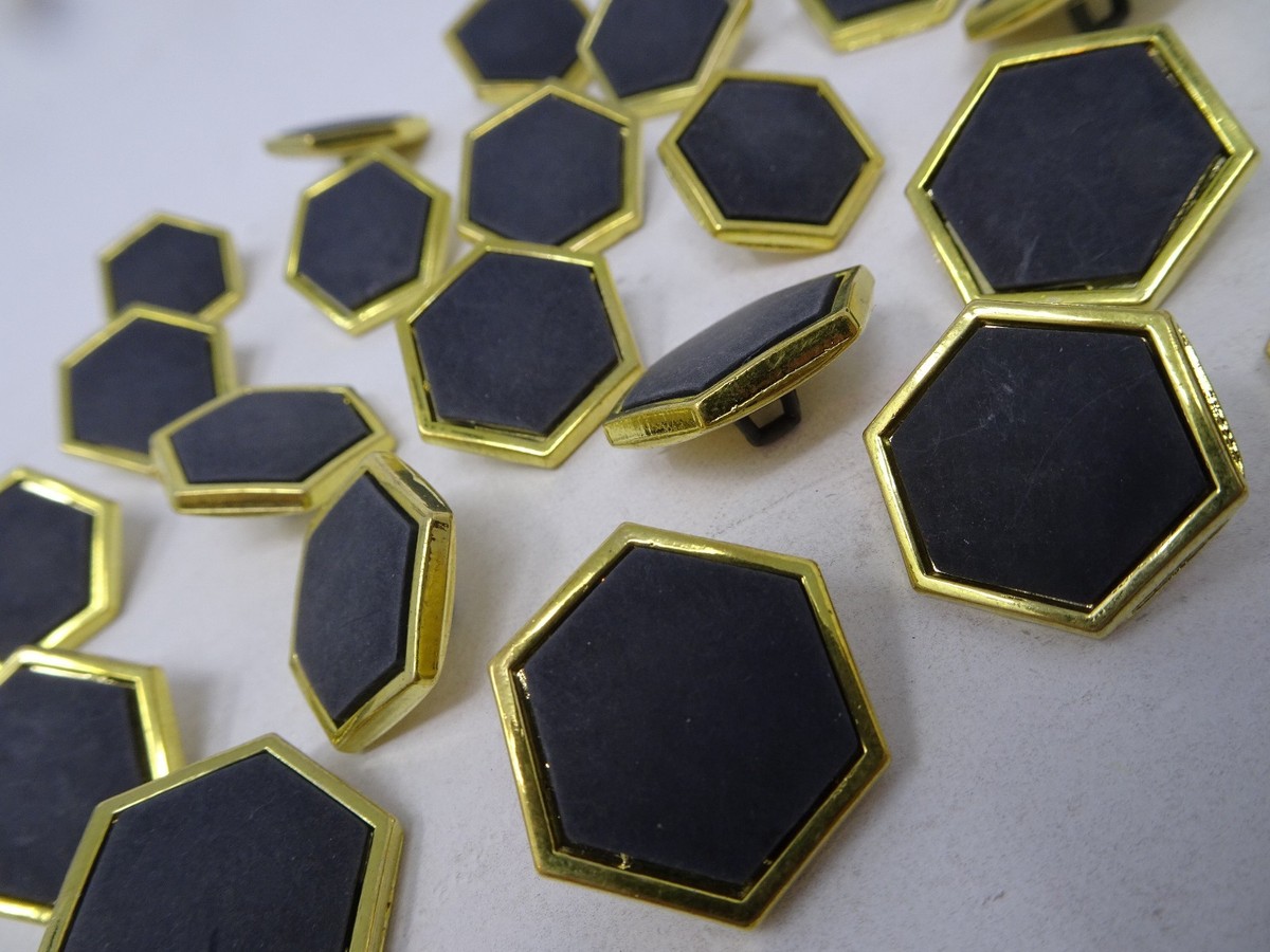 Vintage Dull Black Hexagon w/ Gold Border Shank Button 21mm