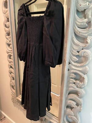 knee length dresses for ladies Black Linen Midi Dress with Shirred Bodice main image 1