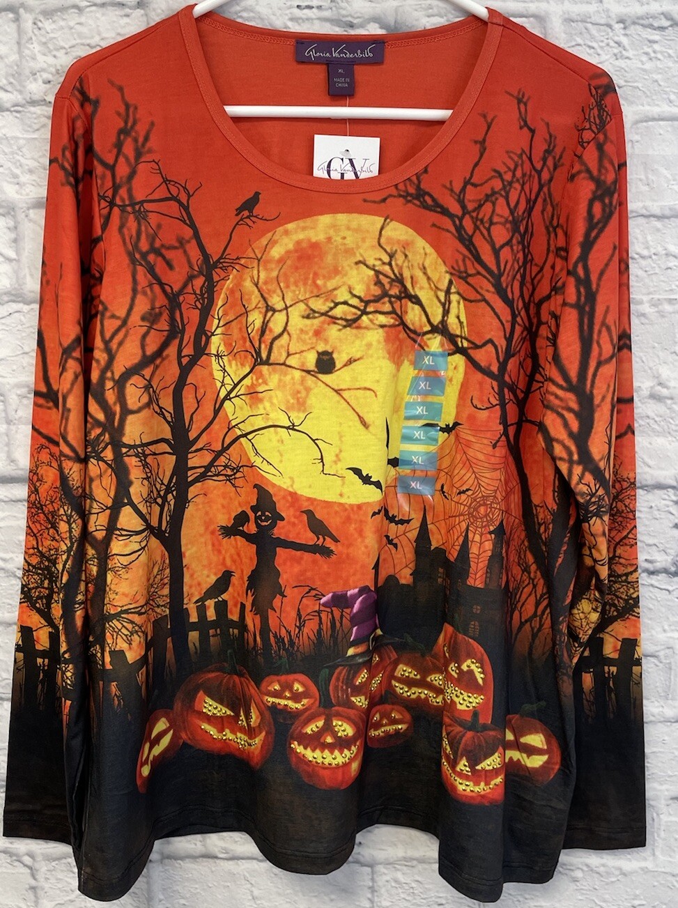 Gloria Vanderbilt Womens XL Halloween Pumpkin Studded Scarecrow T-Shirt Top New