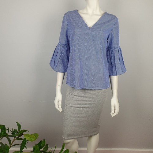 Dorothy Perkins Size 8 Top Blouse V Neck 3/4 Puff Sleeve Bow Blue Striped Women - Picture 8 of 14