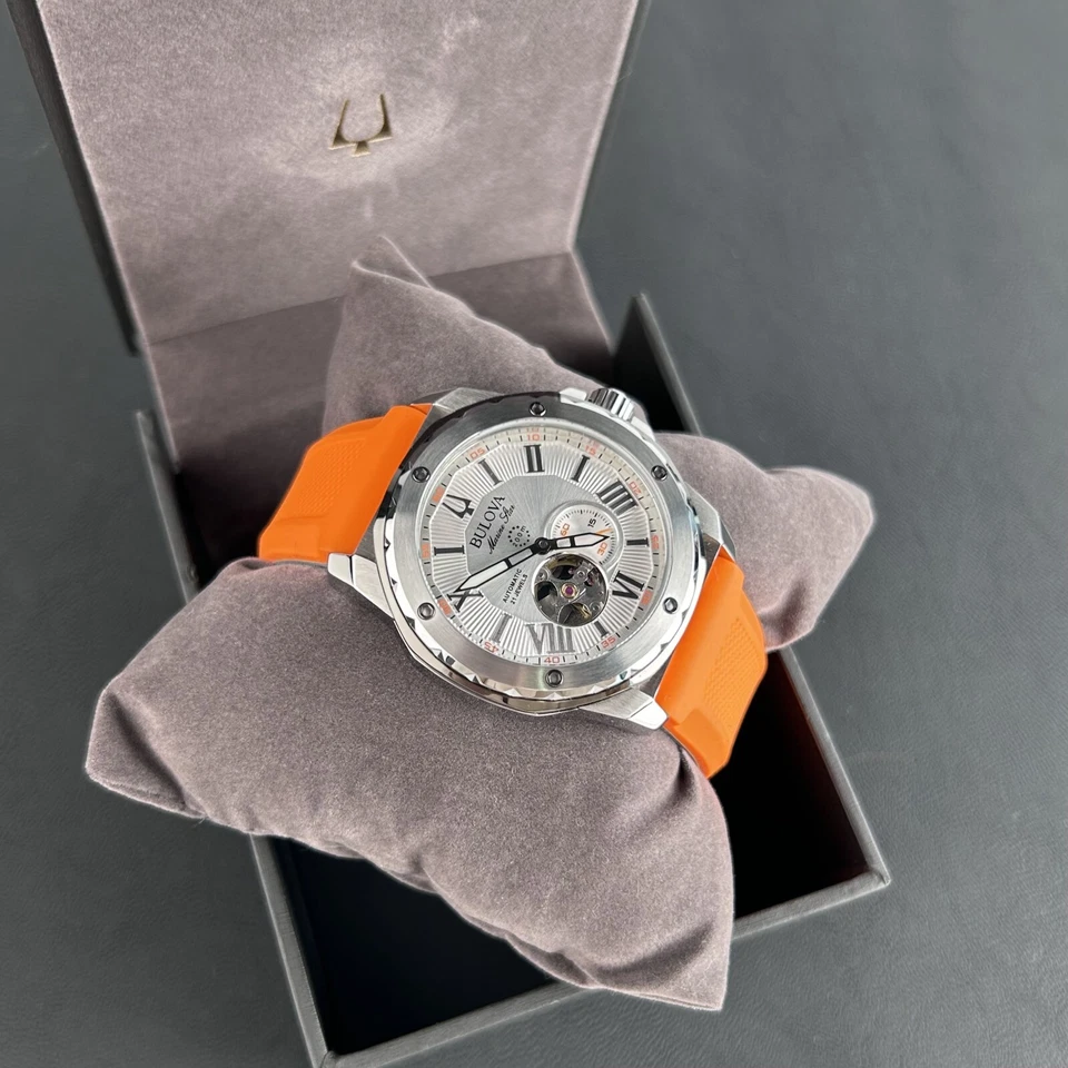 宝路华 Marine Star 银色表盘橙色硅表带 98A226 自动男士腕表 — 第 2/4 张图片