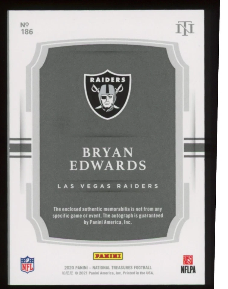 2020 National Treasures #186 BRYAN EDWARDS Rookie Patch Auto RPA #37/99 Raiders - Image 2 of 2