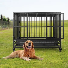XXL Heavy Duty Pet Dog Cage Strong Metal Crate Kennel Playpen with Wheels &Tray
