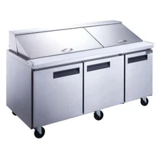 Brand new Dukers DSP72-30M-S3 3-Door Food Prep Table Refrigerator with Mega Top