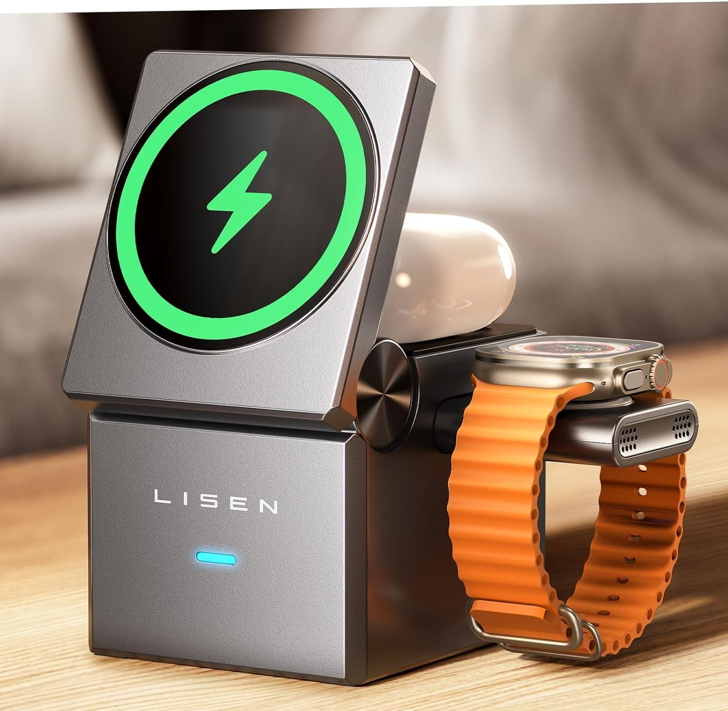 Chargeur induction 3 en 1 rapide pour iPhone et Apple Watch support pliable noir