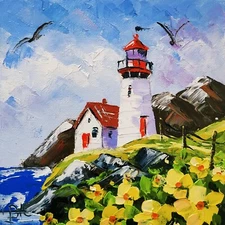 Lighthouse Painting Original Art Impasto Oil Painting Artwork 3D Art 6x6