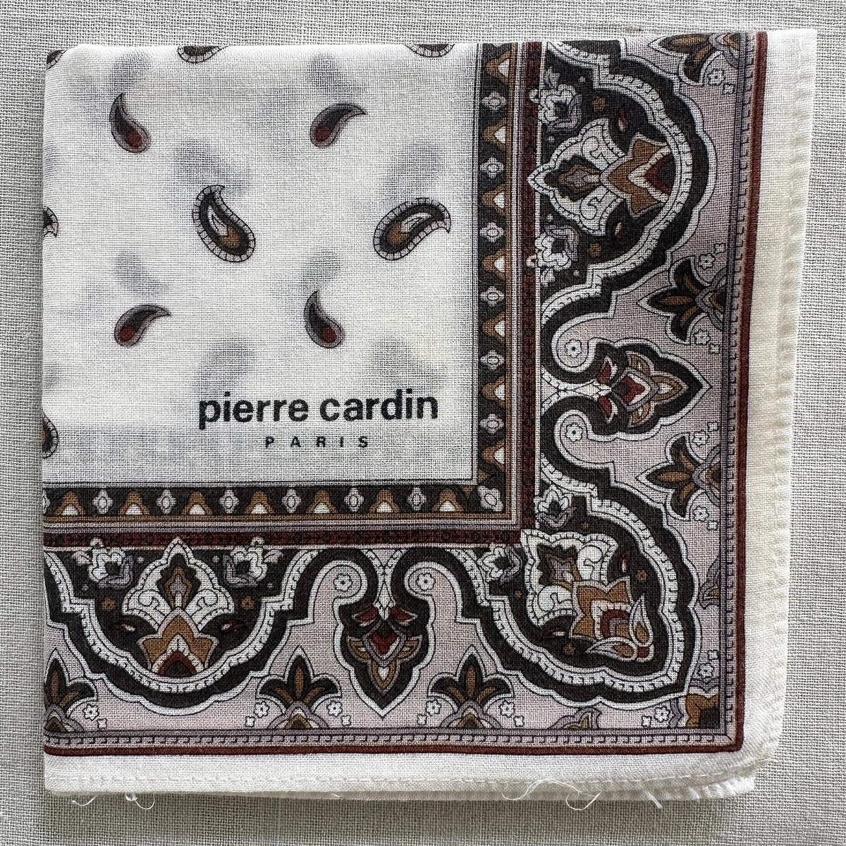 Vintag White Cotton Handkerchief Black Paisley~Damask Border Pocket Square 17"~Q