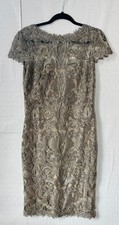 TADASHI SHOJI SMOKE GREY METALLIC GOLD LACE EVENING COCKTAIL SHEATH DRESS*8 S