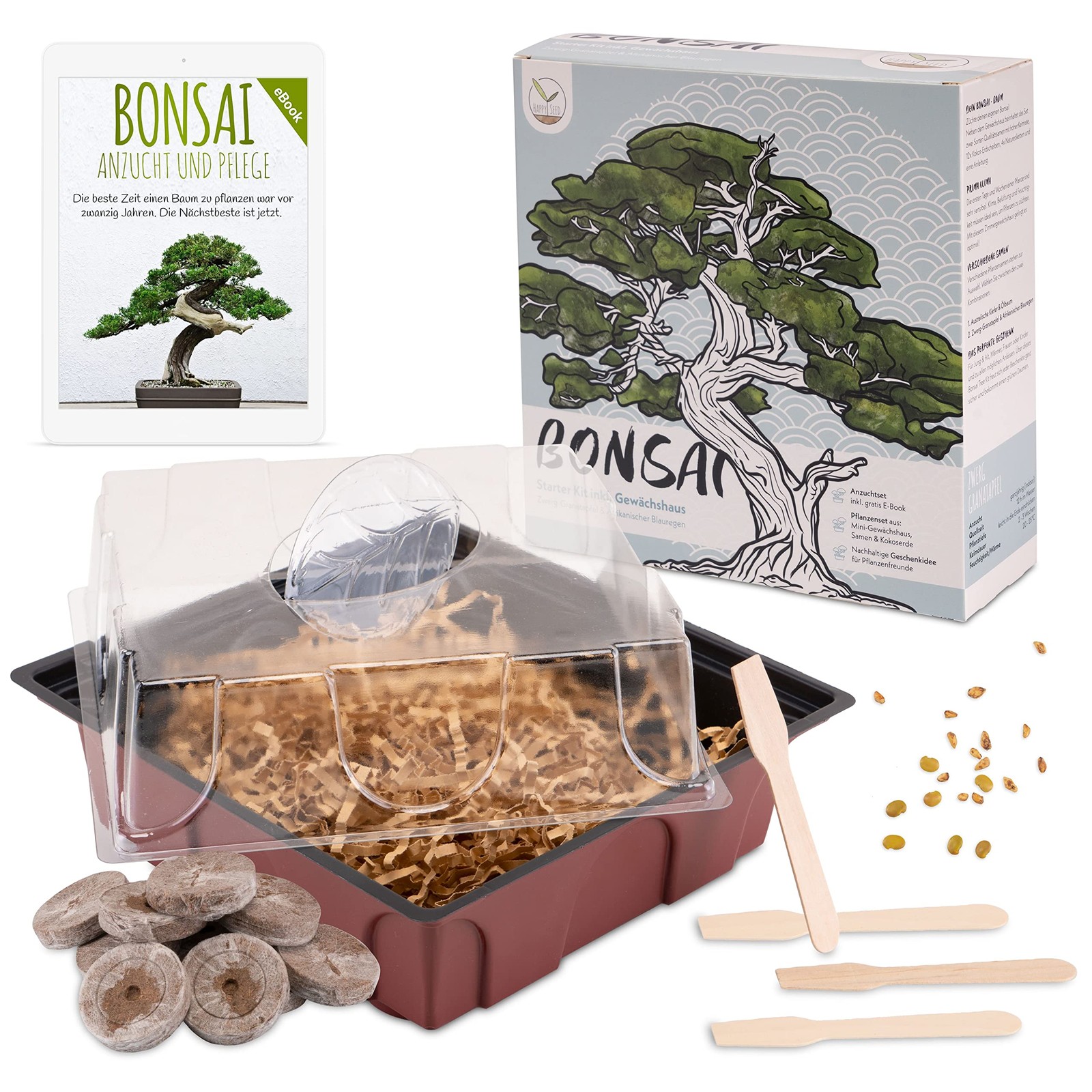 HAPPY SEED Bonsai Kit incl. eBook Gratuito - Starter Set con Mini Serra, (a4u)