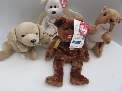 TY Beanie Baby Paket - Fetch Dog, Halo, Champion (Fifa 2002) & Nuts Squirrel