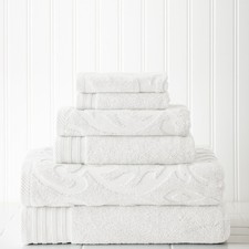 6 Piece Jacquard/Solid Towel Set-Medallion Swirl White