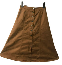 UNIQLO Brown Cotton Stretch A-Line Midi Skirt Button Front High Waist Sz UK 6/8