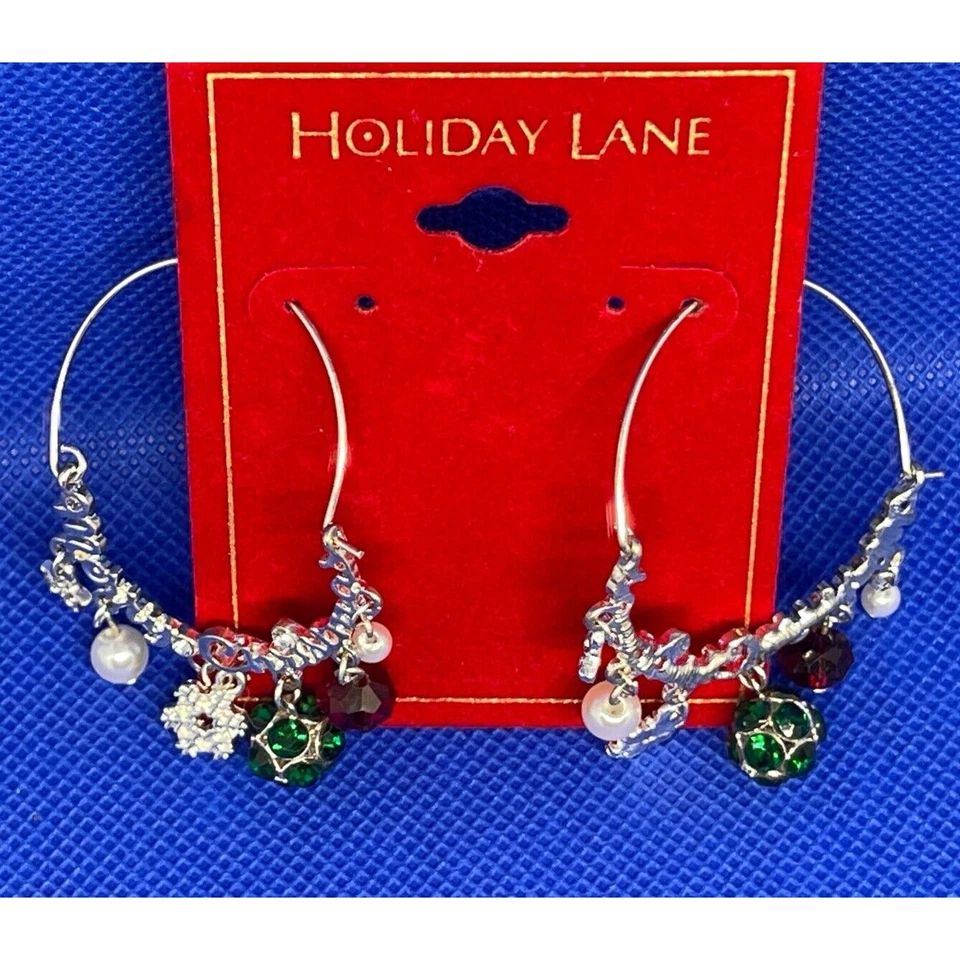 Merry Christmas Hoop Earrings Xmas Holidays Snowflake Silver Tone Crystal NWT - Image 4 of 4