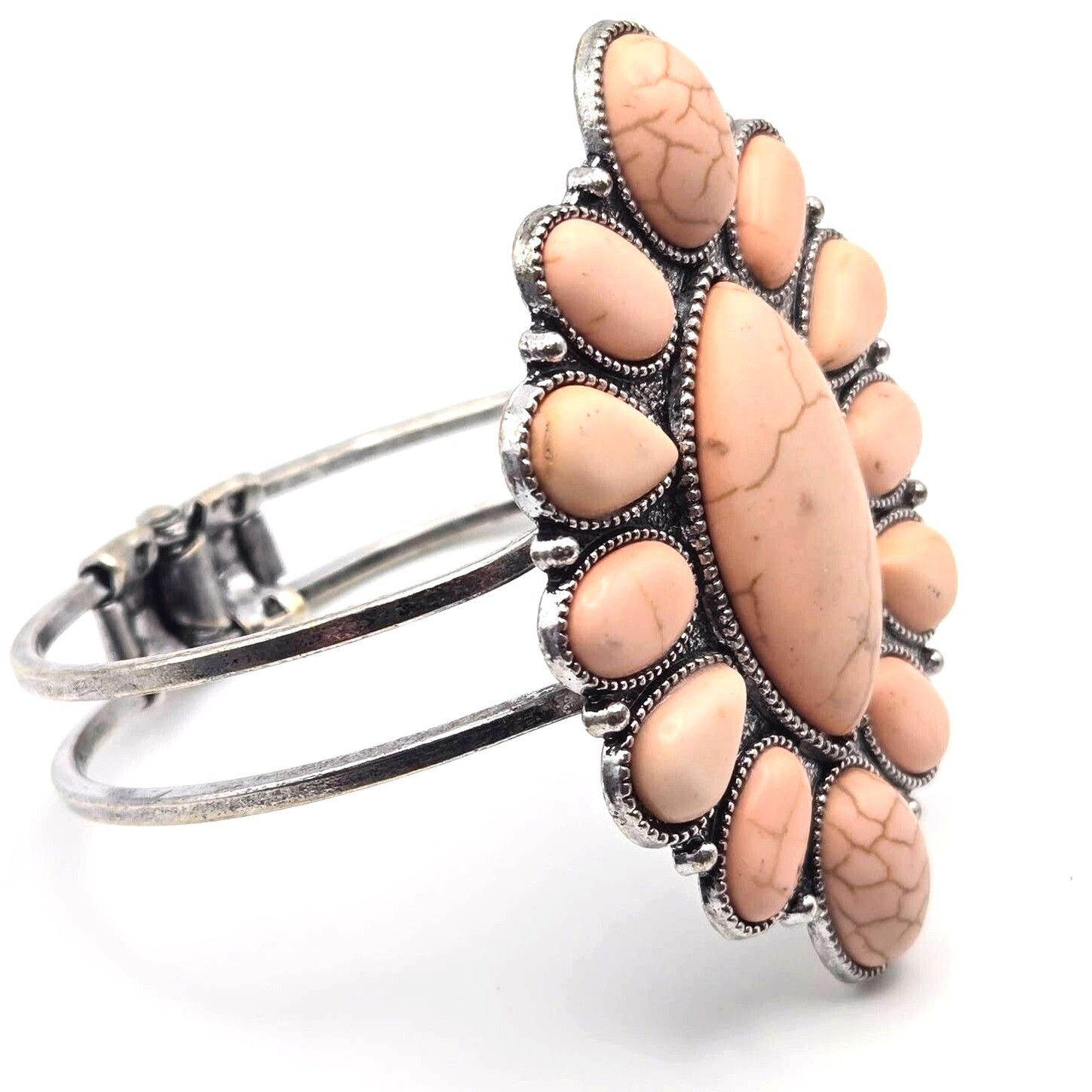Pink Stone Silver Tone Hinged Statement Bracelet … - image 1