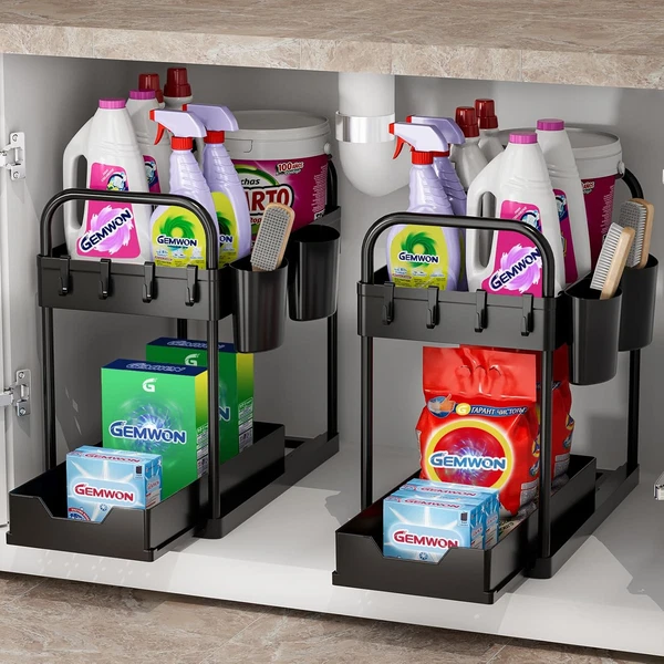 2X KüChen Organizer – 2 Etagen Unter Waschbecken Regal Mit 4 Haken & 2 Bechern,-image