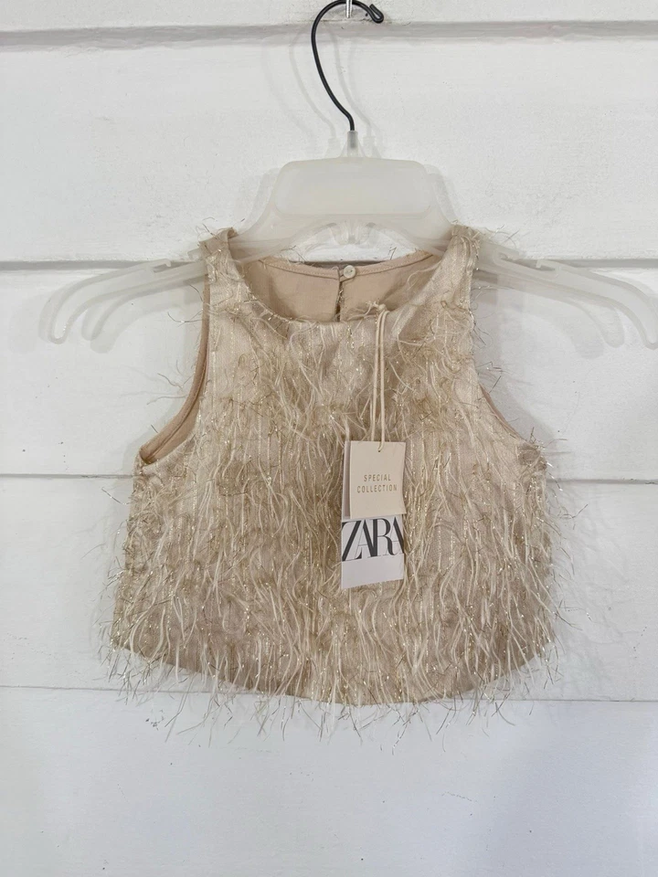 Nuevo ZARA Niños Niñas Pluma Sin Mangas Top Blusa Dorado Talla 6 Años Y556B Foto 2 de 4