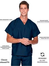 2 Landau Surgical Shirt, Superior  Reversible, Pocket, V-Neck, 3X  Blue Navy