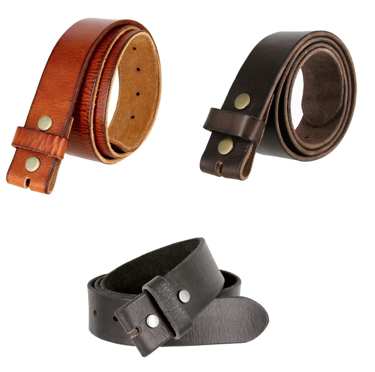 One Piece Full Grain Leather Belt Strap - 1 1/2" Wide, Adjustable, Compatible With Snap Buckles