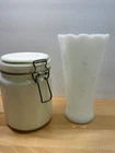 Vintage White Milk Glass Paneled Canister & Vase Country Kitchen Kitsch Simple