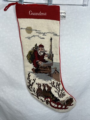 Vintage Christmas Stocking Wool Needlepoint Red Backing Santa And Sleigh GRANDMA