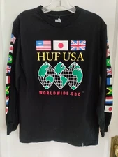 HUF USA WORLDwide Skateboard DBC FLAGS T SHIRT Black Size SMALL 36" Chest 