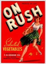 On Rush Sexy Pinup Lady Basket Vegetables Crate Label 1940s Vintage Original