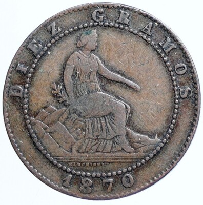 1870 SPAIN Provisional Gov't HISPANIA LION Old 10 Centimos SPANISH