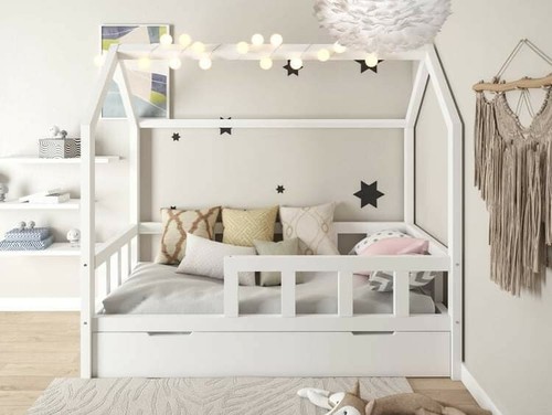 Kinderhaus Weiss Kinderbett 120x 200 Cm aus Holz Hausbett schublade bettkasten - Bild 2 von 2