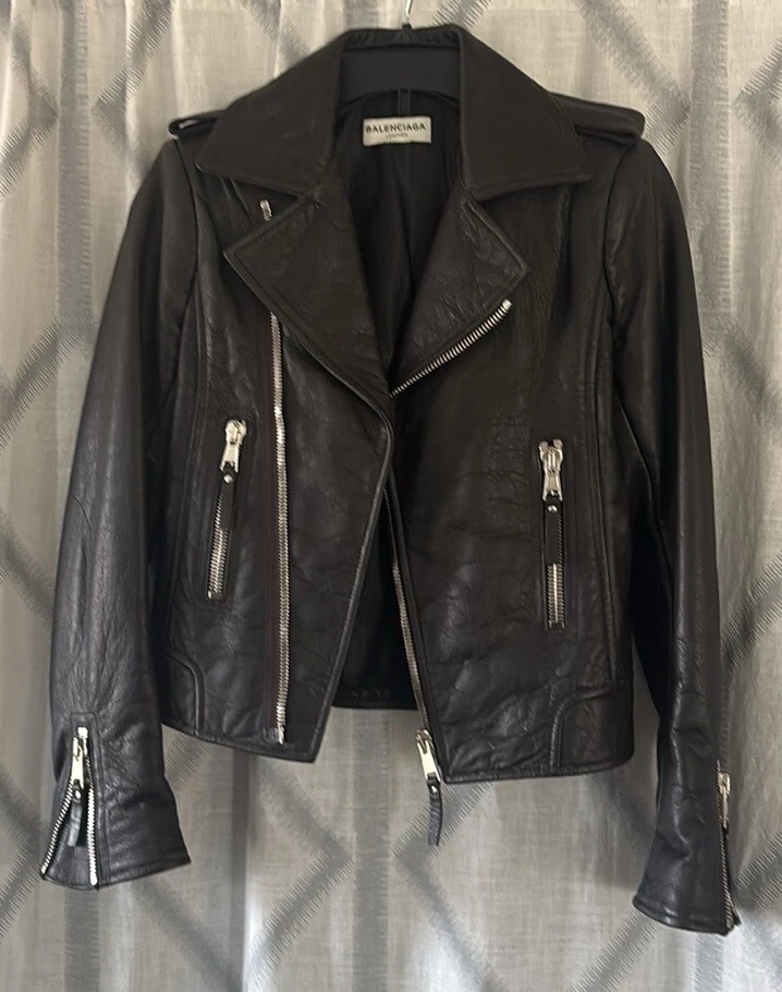 Chaqueta de Cuero Balenciaga Chaqueta Moto Genuina Marrón Oscuro Para Mujer FR 36 US 4 Foto 2 de 4