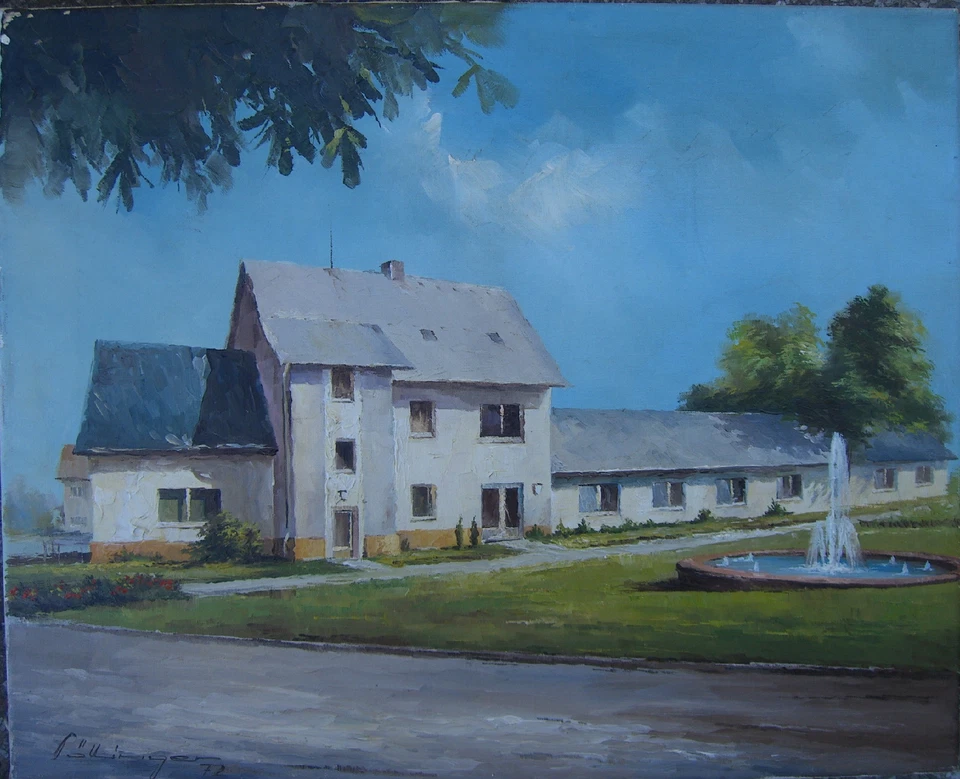 ::GÖLLINGER  ÖLGEMÄLDE ARCHITEKTUR HAUS MIT BRUNNEN REALIST SOMMERTAG ANTIK LB2 - Bild 1 von 1
