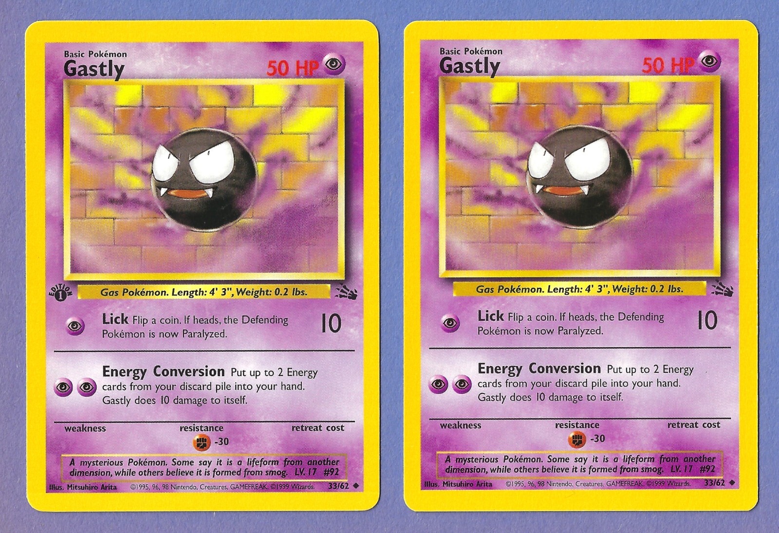 2 GASTLY 1999 POKEMON FOSSIL CARDS 33/62 1ST EDITION & REGULAR EX-NM