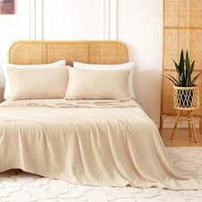 Queen Sheet Set 100 Cotton Bed Sheets Linen Like Textured 4 Pcs Beige Fall 1...