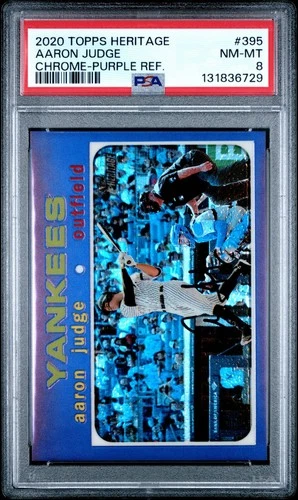 PSA 8 nm-mint 2020 TOPPS HERITAGE #395 AARON JUDGE CHROME-PURPLE REFRACTOR
