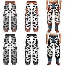 Men Western Cowboy Fringed Chaps Pants Cow-spot Pattern Flannel Vintage Costume