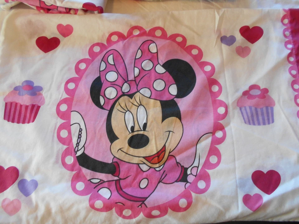Juego de sábanas ajustables dobles vintage Disney Minnie Mouse funda de almohada sábana superior corazones 3p Foto 2 de 4