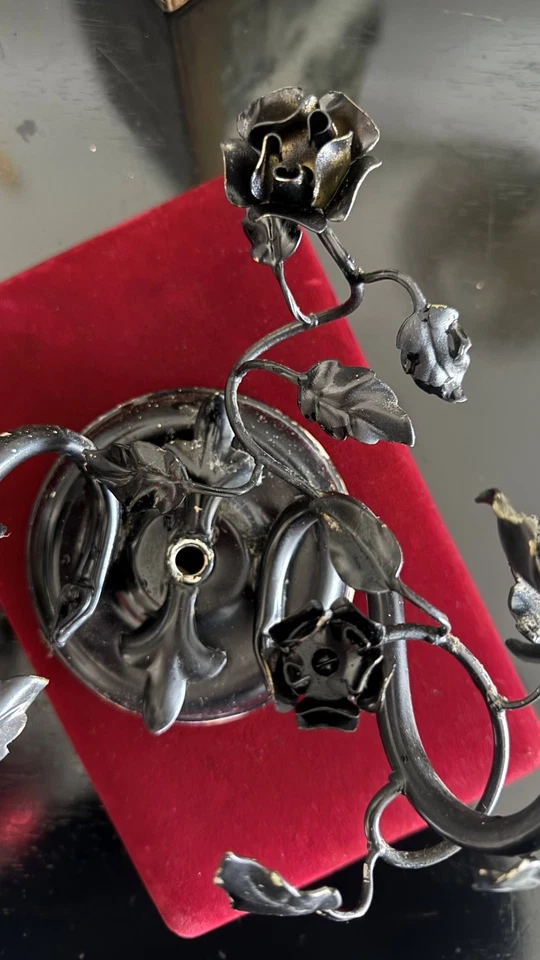 Vintage Wrought Iron Rose Wall Sconces Black Gothic French Tole — Needs Rewiring - Image 3 of 4