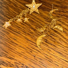 Vintage Pair 2 1/2" KIRKS FOLLY Quarter Moon & Star Dangle Pierced Earrings