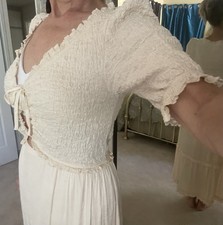 Urban Outfitters Picnic Time Cream Yellow Ruched Cottage Boho Ruffles Sm Dress