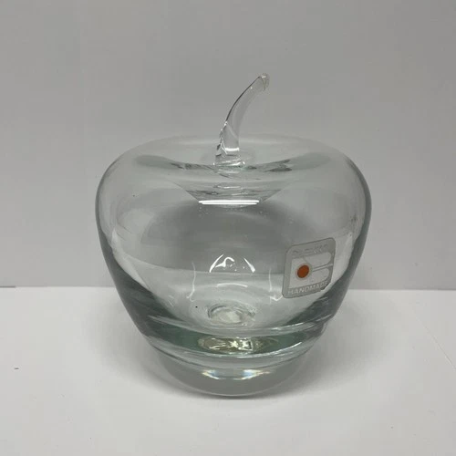 Blenko Crystal Glass Apple Paperweight with Original Block B Blenko Sticker